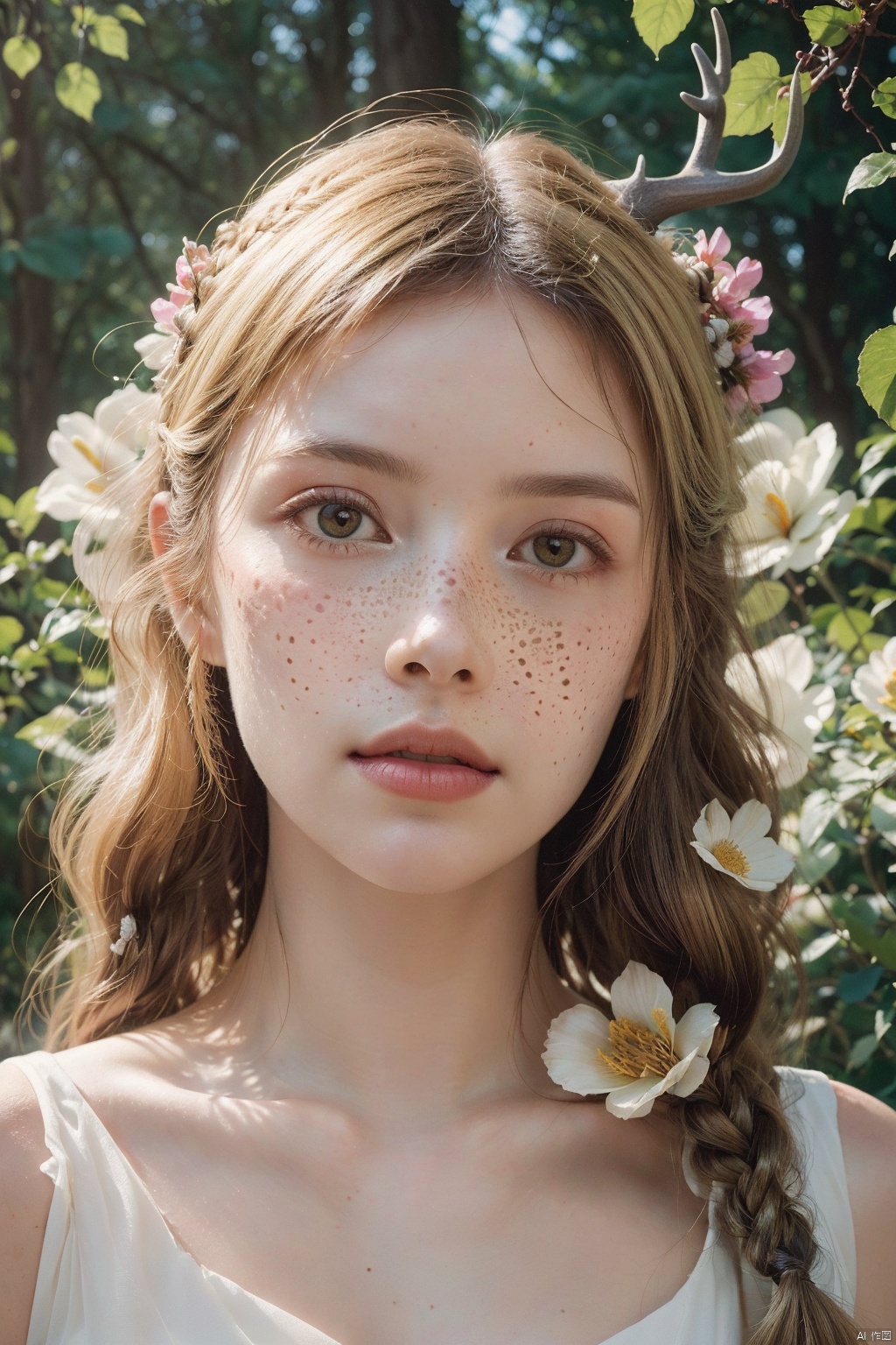  Vintage portrait, photography style, soft focus, pure face,Deer, girl, antlers, vine with leaves, Blonde hair, European and American advanced face, freckles, Detailed light and shadow, Wind, (Strong Sunshine),Two plaits, The forest,Front light source,
, Electroplating paint, Huge flowers, flowing skirts,Giant flowers,