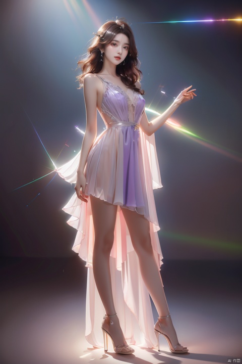  (masterpiece, top quality, best quality, official art, beauty:1.2),whole body,suspender skirt,vertical painting,idol,(luminous quality chiffon dress:1.1),(flash effects:1.3),lavender slip skirt,(hair all to one side:1.5),(dark wavy hair:1.1),(dark red hair:1.1),floating in the air,(crystal high heels:1.2),spotlight,(stage lighting:1.2)