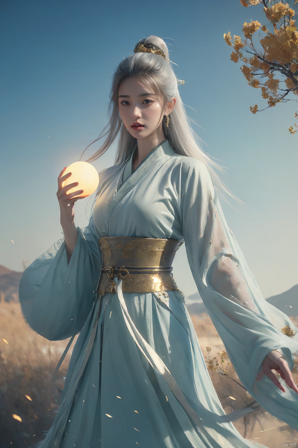  a woman with white hair holding a glowing ball in her hands, white haired deity, by Yang J, heise jinyao, inspired by Zhang Han, xianxia fantasy, flowing gold robes, inspired by Guan Daosheng, human and dragon fusion, cai xukun, inspired by Zhao Yuan, with long white hair, fantasy art style,,Ink scattering_Chinese style, smwuxia Chinese text blood weapon:sw, lotus leaf, (\shen ming shao nv\), gold armor