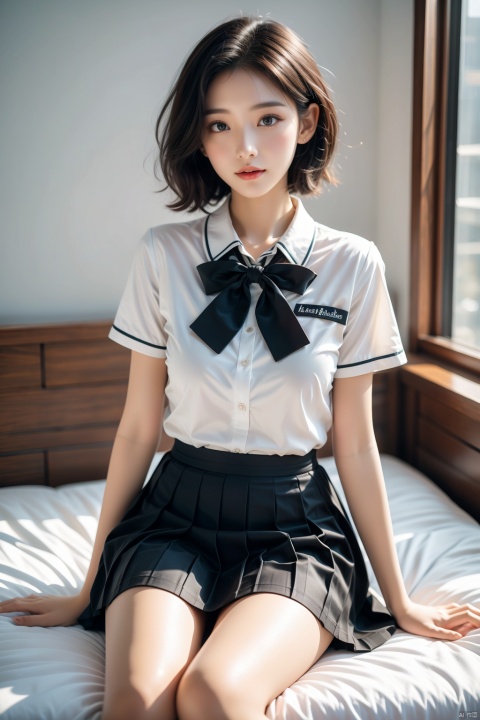 Enhanced, masterpiece, 16K, JK, 1 girl, short hair, school uniform, skirt, sitting on bed, Light master