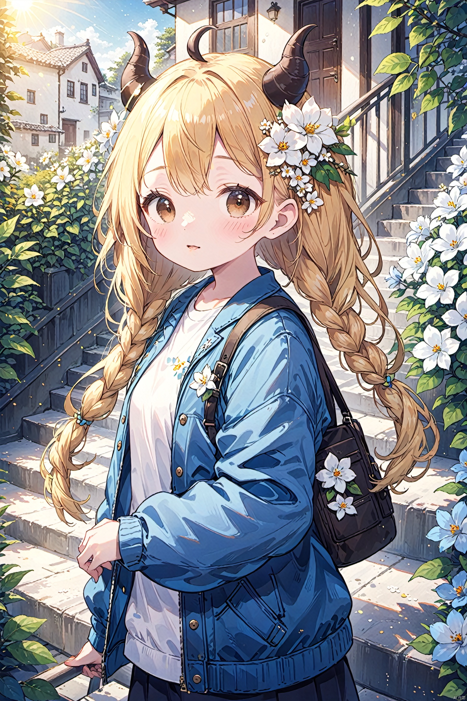  1girl, solo, long hair, looking at viewer, blonde hair, shirt, hair ornament, animal ears, brown eyes, jacket, white shirt, upper body, braid, flower, outdoors, parted lips, horns, day, hair flower, twin braids, lips, sunlight, plant, white flower, blue jacket, hair over shoulder, freckles, stairs, realistic,山水如画, keaiduo,雪景