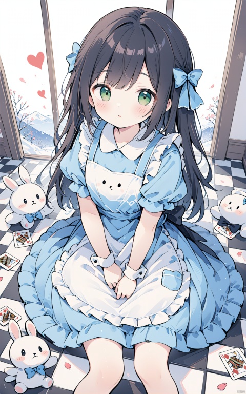  masterpiece, best quality, 1girl, long hair, green eyes, checkered floor, stuffed toy, stuffed animal, solo, dress, black hair, bow, hair bow, playing card, card, stuffed bunny, petals, looking at viewer, blush, wrist cuffs, blue dress, apron, short sleeves, heart, frills, sitting, bangs,雪景, keaiduo,山水如画,小心思