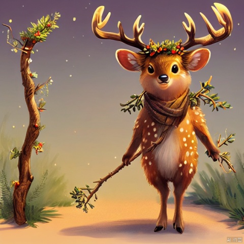  masterpiece,best quality,polulu,deer,smile,jump,holding a branch in hand, kids illustration, colors, backlight