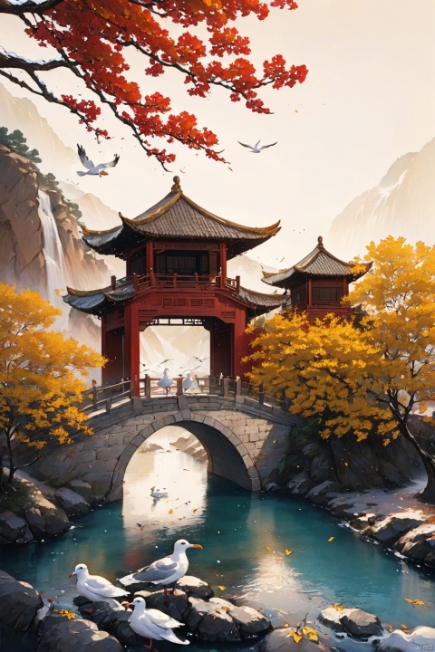  Best quality,8k,cg,falls,flowers,Sun,mountain,seagull,bridge, Chinese ancient paintings,山水如画, keaiduo,围巾小孩