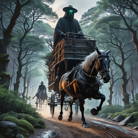  (horror style), riding a horse carrying an (old and dirty carriage), a Horseman with invisible head, (faceless and collarless), along a sinister path in a horrifying forest, (Photorealistic), monster, more detail XL,horror,Realism,DisembodiedHead,气质男孩,山水如画