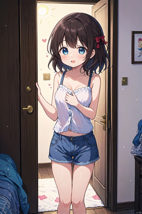  a girl standing in front of a door,cute anime girl portrait,undressing,Sayori from Doki,blue mood,messy clothes,summer night,in her room,embarrassed expression,revealing clothes,Happy Valentine,tired expression,brunette girl,bright summer day,through my eyes,clothes,山水如画,围巾小孩