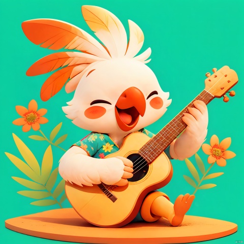  Cockatiel\(IP\), masterpiece, best quality,chibi, 
solo, smile, open mouth, shirt, holding, sitting, full body, closed eyes, flower, short sleeves, heart, no humans, ^ ^, bird, floral print, happy,red flower, instrument,music, guitar, playing instrument, green background, hawaiian shirt, acoustic guitar, kids illustration