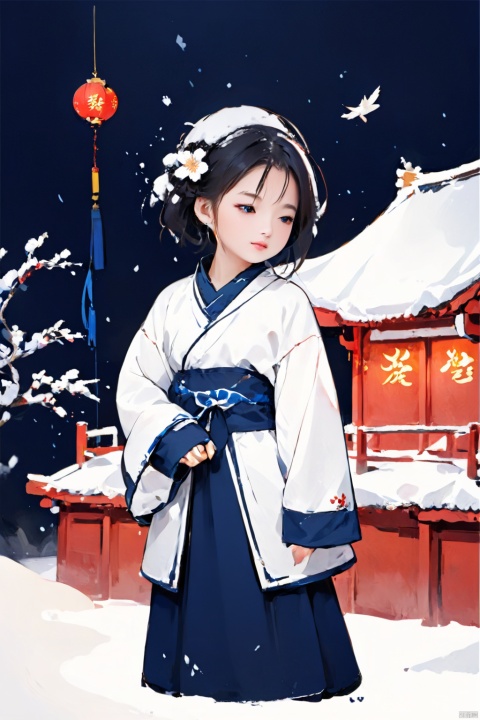  abstract art, visually stunning, 1girl, dark blue theme, cowboy shot, It's snowing, the snow flies, wuxia, Chinese style, keaiduo,小心思