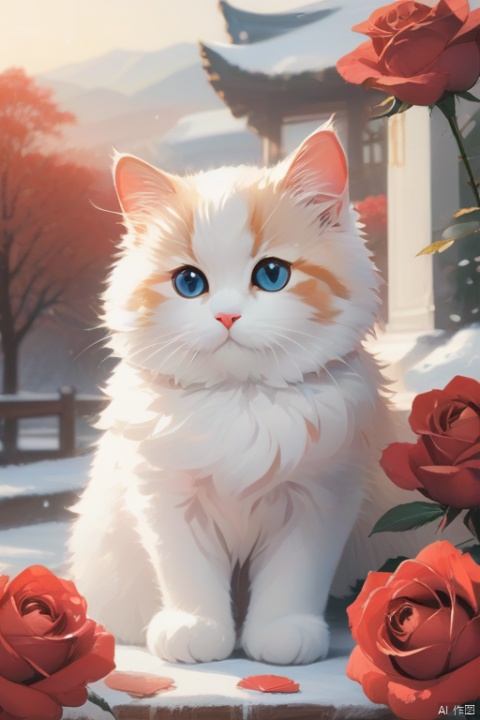  Superb quality, masterpieces, intricate details, wallpaper, red roses, white cat, Macro, natural light, warm colors, front view,雪景,山水如画,乡村