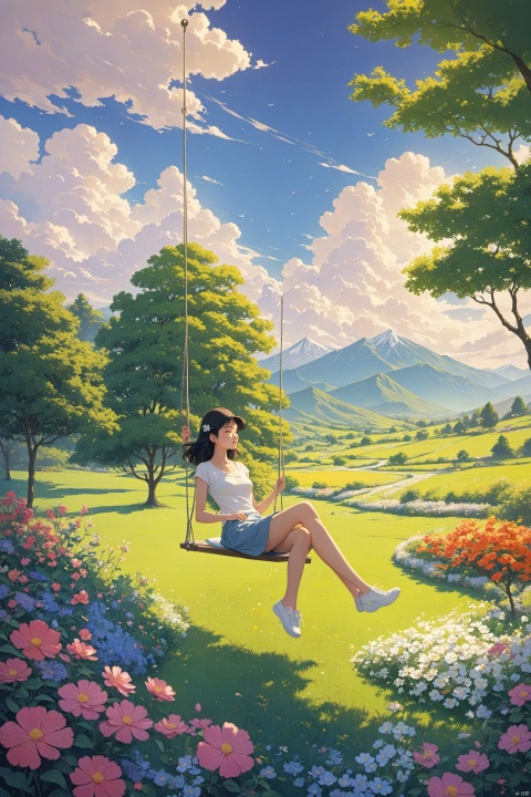  fine art, oil painting, amazing sky, Analog Color Theme, Lo-Fi Hip Hop , retrospective,good structure,Good composition, clear, original,beautiful,Garden girl, sitting on a swing, enjoying the breeze, surrounded by beautiful gardens and green fields. The picture was warm and quiet.,1girl,山水如画