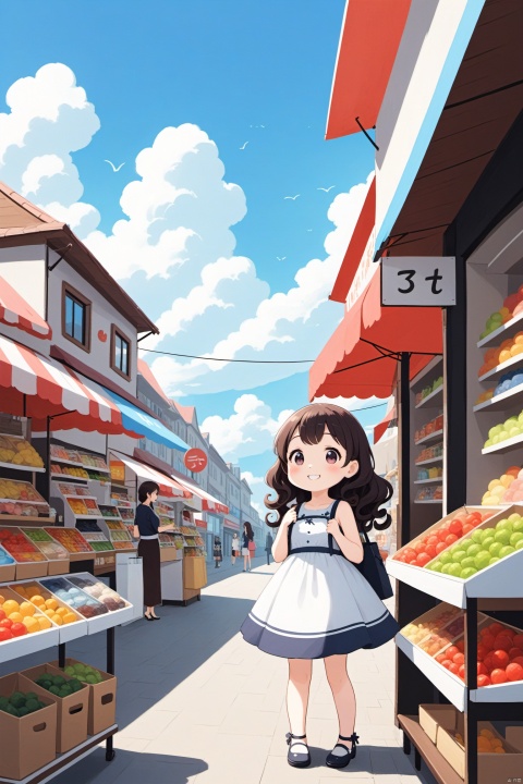  good structure,Good composition, clear, original,beautiful,1girl,shopping on street,day,cloud,sky,mini market,long curly hair,smile,dress,solo, keaiduo,围巾小孩