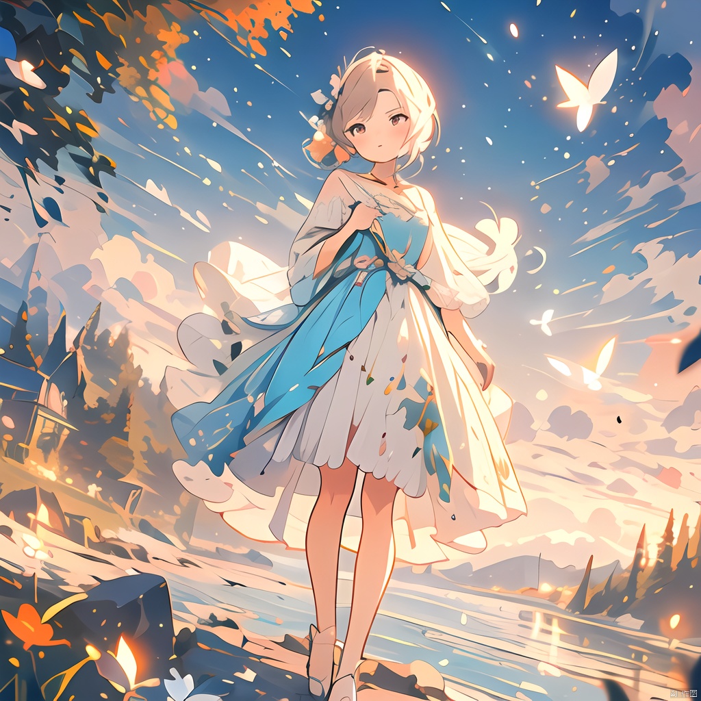 17-year-old girl, a little red in the middle, high resolution, enhanced detail, panoramic, panoramic (wide-angle) , landscape (long-range) , full body, increased detail, very high resolution, dress, two ponytails, smiling, shy, forest, colorful petals flying, bright,