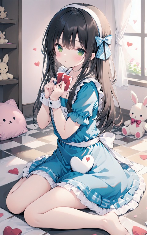  masterpiece, best quality, 1girl, long hair, green eyes, checkered floor, stuffed toy, stuffed animal, solo, dress, black hair, bow, hair bow, playing card, card, stuffed bunny, petals, looking at viewer, blush, wrist cuffs, blue dress, apron, short sleeves, heart, frills, sitting, bangs, keaiduo