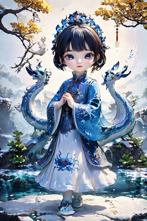  A girl stands in front of a silver white Chinese dragon, with wide-angle shots, large scenes, stunning movie visuals, myths, exquisite details, high-definition, realistic photos, movie effects, original game, stills, fairy tale style, and a hazy feeling.,porcelain,小心思,山水如画,围巾小孩, keaiduo