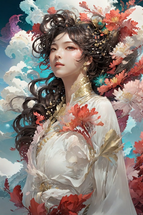  Official art, 8k wallpaper, super detailed, beautiful and beautiful, masterpiece, best quality, (fractal art: 1.3), lines, illustration, 1 girl head, white background, very detailed, bright colors, romanticism, mtianmei, mgirl, mliuyuun, keaiduo