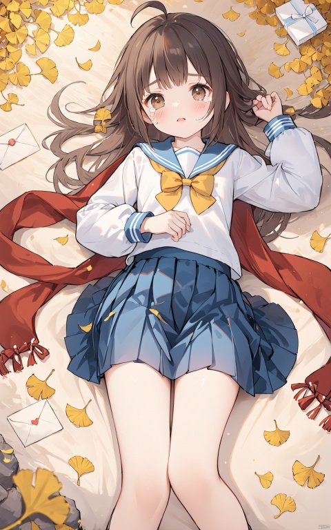  masterpiece,best quality,loli,1girl, solo, school uniform, skirt, scarf, lying, serafuku, on back, long sleeves, autumn, blue skirt, looking at viewer, sailor collar, bow, brown eyes, long hair, tears, autumn leaves, bangs, blue sailor collar, shirt, parted lips, pleated skirt, white shirt, envelope, ahoge, blurry, red scarf, black hair, crying, leaf, letter, crying with eyes open, yellow bow, outdoors, brown hair, bowtie, ginkgo leaf, from above, tearing up, blush,小心思, keaiduo,山竹春色,山水如画