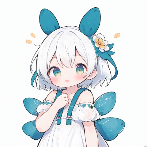  artist(roha), roha, , 1girl, solo, hair ornament, flower, braid, hair flower, dress, long hair, wings, looking at viewer, hair over shoulder, bare shoulders, white dress, bangs, blush, off shoulder, hand up, bug, white flower, upper body, parted lips, off-shoulder dress, aqua eyes, black background, green eyes, collarbone, green wings, keaiduo,围巾小孩