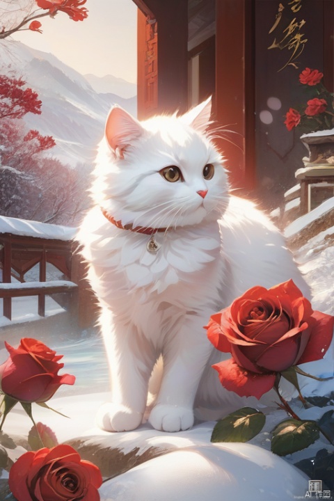  Superb quality, masterpieces, intricate details, wallpaper, red roses, white cat, Macro, natural light, warm colors, front view,雪景,山水如画