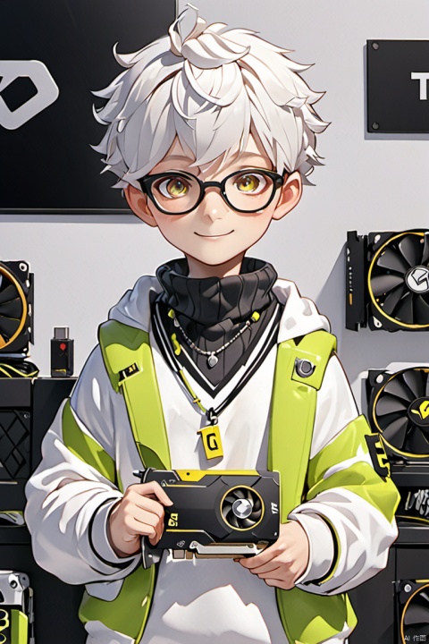  ZOTAC, solo, looking at viewer, blush, smile, 1boy, holding,Graphics card, upper body, male focus, glasses, necklace, sweater,气质男孩,围巾小孩,山水如画