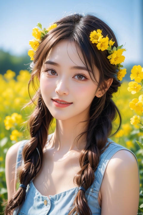  A beautiful young girl taking photos, wearing a delicate flower wreath, surrounded by blooming canola flowers. The background is a simple blend of pure purple and blue, with cinematic lighting that makes the whole scene more vivid and textured. Ultra HD photo of a girl in a flower wreath surrounded by canola flowers, pure purple and blue background, film-level lighting, trending on Unsplash, high quality, sharp focus, vibrant colors, artistic, natural beauty, serene atmosphere, photorealistic image by top photographers, inspired by Pinterest and Instagram.
, Light master
