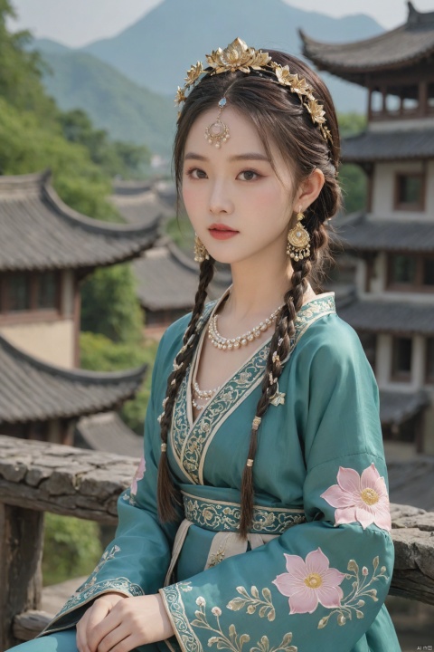  Detailed high, high precision, high quality, the UHD, 16 k, rich details, abundant element, shows that a girl, beautiful, lotus, lotus leaf, pearlygates, traditional clothing, clothing patterns, miao clothing headwear, Face Score, MAJICMIX STYLE, arien_hanfu, monkren,full-length mirror,Breast, huge,Dramatic clouds, mountains, rivers, ancient buildings,Guilin landscape, Guilin, Hangzhou,Sunny,shoes,,full body, MEINV, FilmGirl, 1girl