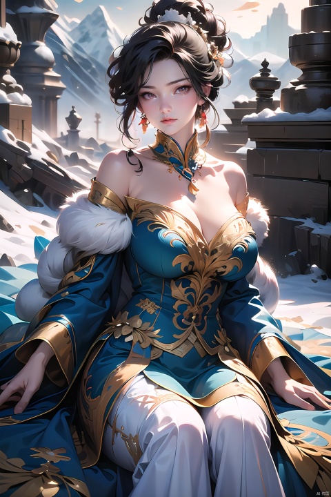  Best quality, ultra-high resolution, (photo realism: 1.4), 1 girl, black off shoulder shirt, enticing posture, separated sleeves, snowy mountain background, cleavage, plump, choked, huge breasts, messy bun, looking at the audience, soft lighting

