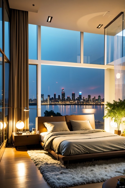  sky, indoors, cup, pillow, no humans, window, bed, night, chair, table, plant, building, scenery, couch, city, lamp, cityscape, skyscraper, city lights, skyline, Installation Art