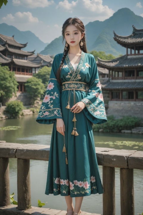  Detailed high, high precision, high quality, the UHD, 16 k, rich details, abundant element, shows that a girl, beautiful, lotus, lotus leaf, pearlygates, traditional clothing, clothing patterns, miao clothing headwear, Face Score, MAJICMIX STYLE, arien_hanfu, monkren,full-length mirror,Breast, huge,Dramatic clouds, mountains, rivers, ancient buildings,Guilin landscape, Guilin, Hangzhou,Sunny,shoes,,full body, MEINV, FilmGirl