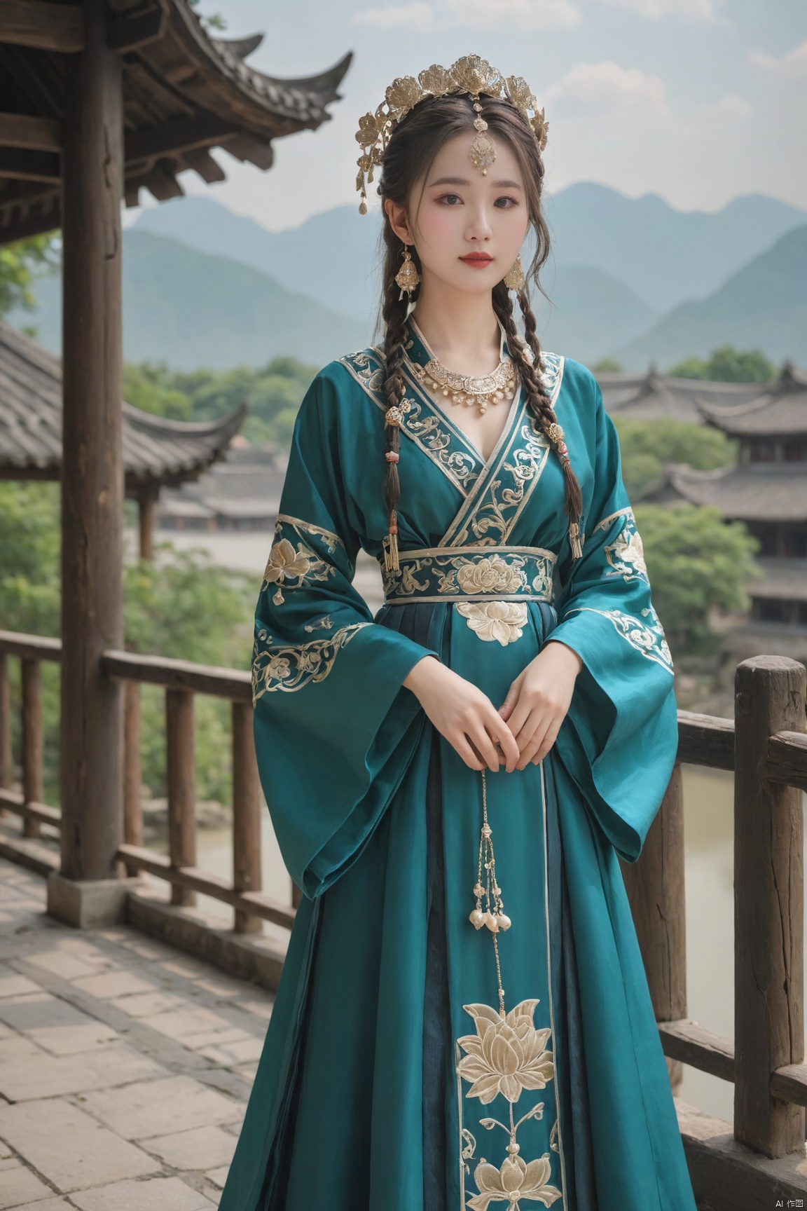  Detailed high, high precision, high quality, the UHD, 16 k, rich details, abundant element, shows that a girl, beautiful, lotus, lotus leaf, pearlygates, traditional clothing, clothing patterns, miao clothing headwear, Face Score, MAJICMIX STYLE, arien_hanfu, monkren,full-length mirror,Breast, huge,Dramatic clouds, mountains, rivers, ancient buildings,Guilin landscape, Guilin, Hangzhou,Sunny,shoes,,full body, MEINV