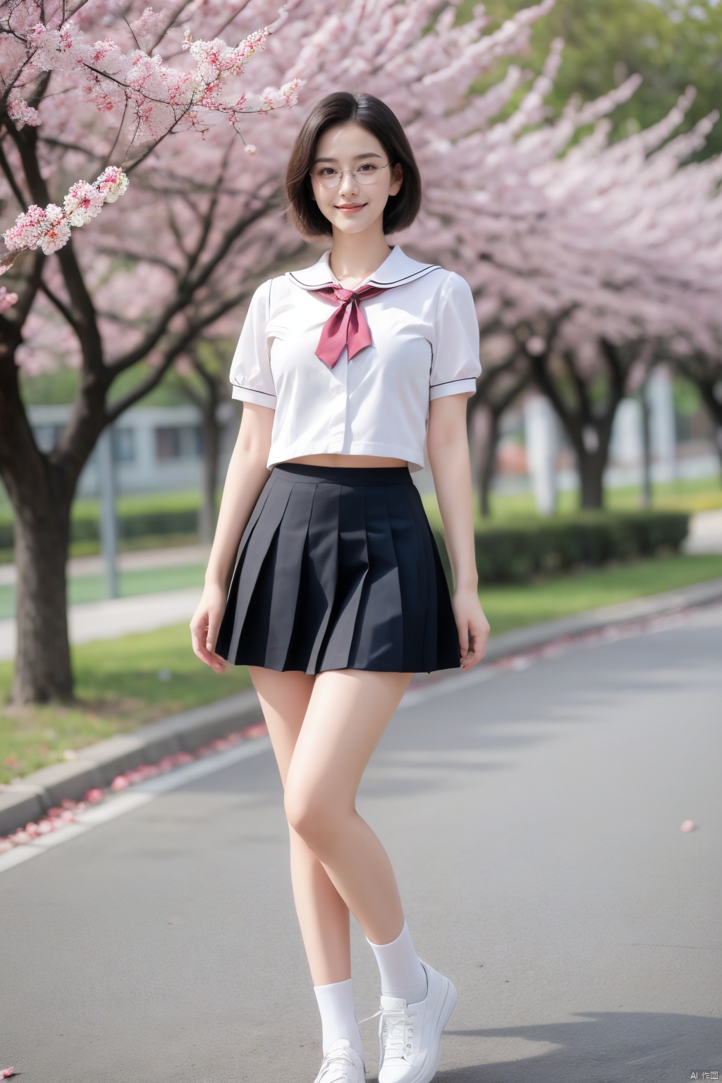  Best Quality, masterpiece, 16K, JK, uniform, 1 girl, glasses, blonde short hair, school uniform, pink skirt, sneakers, body, outdoor, petals falling, cherry blossom background, sports blurred background