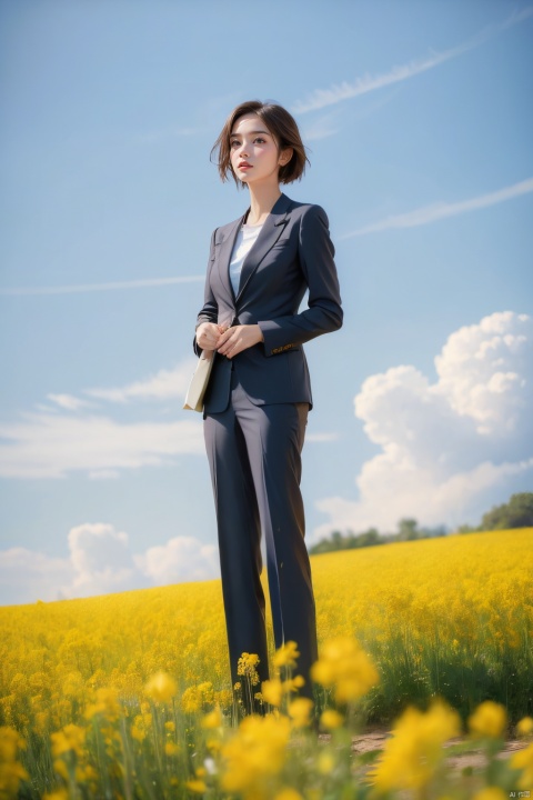  A elegant woman in a dark suit with golden short hair, standing in a field of blooming rapeseed flowers against a backdrop of blue sky and white clouds, gentle breeze blowing, causing her clothes corner and hair to flutter slightly, high quality full HD picture, art painting by famous artist., Light master, ((poakl)), (\meng ze\)