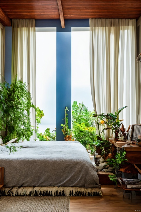  lying, indoors, tree, pillow, book, no humans, window, bed, leaf, sunlight, sleeping, plant, curtains, scenery, wooden floor, blanket