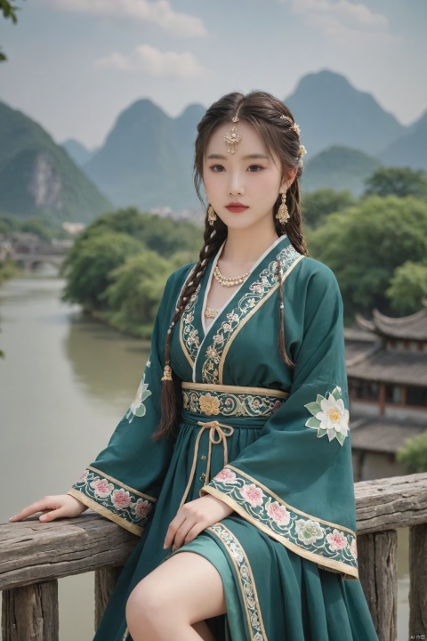  Detailed high, high precision, high quality, the UHD, 16 k, rich details, abundant element, shows that a girl, beautiful, lotus, lotus leaf, pearlygates, traditional clothing, clothing patterns, miao clothing headwear, Face Score, MAJICMIX STYLE, arien_hanfu, monkren,full-length mirror,Breast, huge,Dramatic clouds, mountains, rivers, ancient buildings,Guilin landscape, Guilin, Hangzhou,Sunny,shoes,,full body, MEINV, FilmGirl, 1girl
