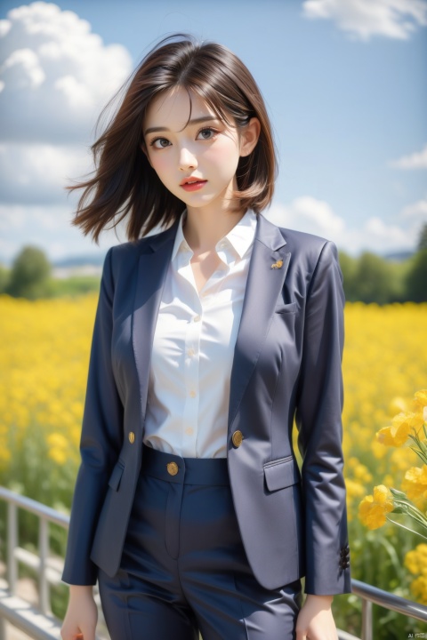  A elegant woman in a dark suit with golden short hair, standing in a field of blooming rapeseed flowers against a backdrop of blue sky and white clouds, gentle breeze blowing, causing her clothes corner and hair to flutter slightly, high quality full HD picture, art painting by famous artist., Light master, ((poakl)), (\meng ze\)