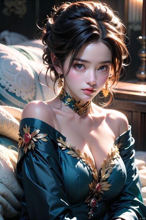  Best quality, ultra-high resolution, (photo realism: 1.4), 1 girl, black off shoulder shirt, enticing posture, separated sleeves, snowy mountain background, cleavage, plump, choked, huge breasts, messy bun, looking at the audience, soft lighting

