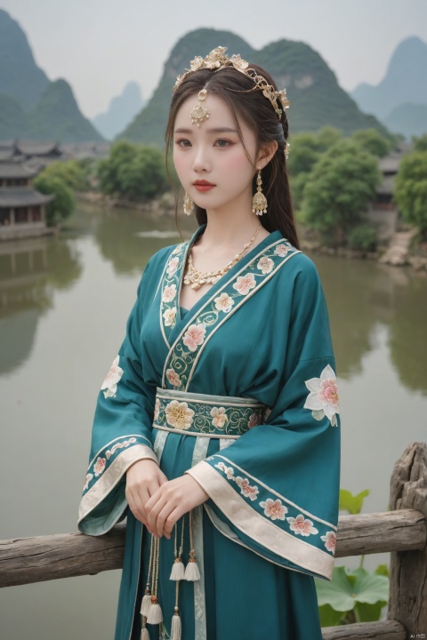  Detailed high, high precision, high quality, the UHD, 16 k, rich details, abundant element, shows that a girl, beautiful, lotus, lotus leaf, pearlygates, traditional clothing, clothing patterns, miao clothing headwear, Face Score, MAJICMIX STYLE, arien_hanfu, monkren,full-length mirror,Breast, huge,Dramatic clouds, mountains, rivers, ancient buildings,Guilin landscape, Guilin, Hangzhou,Sunny,shoes,,full body, MEINV