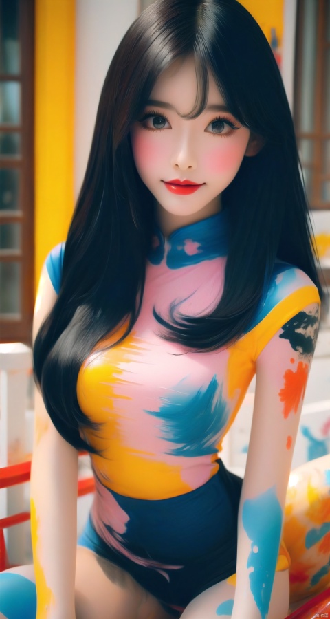  1girl, perky breasts, (bright red lips, blush), happy, smile, (upper thighs shot:1.3), night,
bodypaint, nsfw, pose, paint all over her body, (oil paintingsplash, brushwork:1.4), (blue pink white yellow tattoos, paint poured on the body:1.2), lying, on back,
masterpiece, official art, top quality, ray tracing, volumetric light, realistic, photorealistic, ultra highres, vivid,