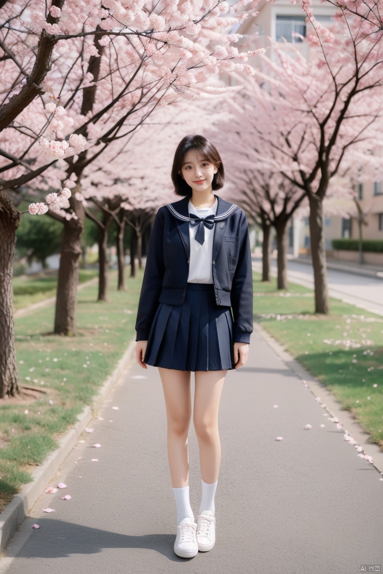  JK, 1 girl, glasses, short hair, school uniform, skirt, sneakers, body, cherry blossom background, petals falling, 1girl, little girl, a girl