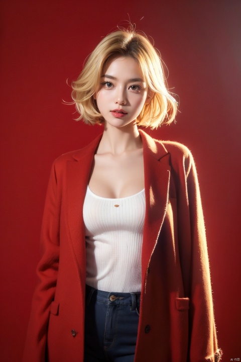  Outdoor scenery, snow view, Snow Mountain, girl, red wool coat, pretty face, short hair, blonde hair, (photo reality: 1.3) , Edge lighting, (high detail skin: 1.2) , 8K Ultra HD, high quality, high resolution, the best ratio of four fingers and a thumb, (photo reality: 1.3) , wearing a red coat, white shirt inside, big chest, solid color background, solid red background, advanced feeling, texture full, 1 girl, Xiqing, HSZT, Xiaxue, dongy, a girl, magic eyes, black 8d smooth stockings, 1girl, sd_mai, xiqing, tm, ((poakl flower style))