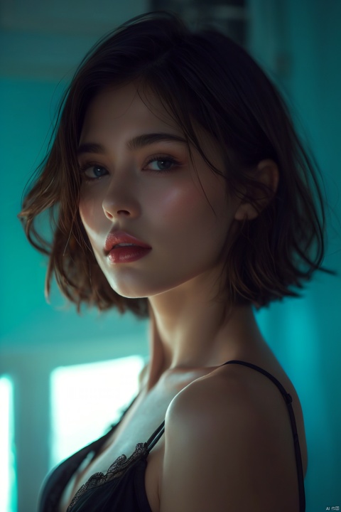  (RAW photo, best quality), (realistic, photo-realistic:1.2), 1girl,middle breasts,Cleavage,undergarments,Upper body, high quality, (high detailed skin:1.4), puffy eyes, gorgeous hair, (dark room:1.3), (rim lighting:1.3), (dimly lit:1.3), (dark night:1.3), indoors, portrait, black hair, dark background, short hair, 1 girl