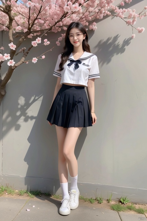  JK, 1 girl, glasses, short hair, school uniform, skirt, sneakers, body, cherry blossom background, petals falling, 1girl, little girl, a girl