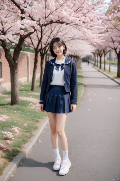  JK, 1 girl, glasses, short hair, school uniform, skirt, sneakers, body, cherry blossom background, petals falling, 1girl, little girl, a girl