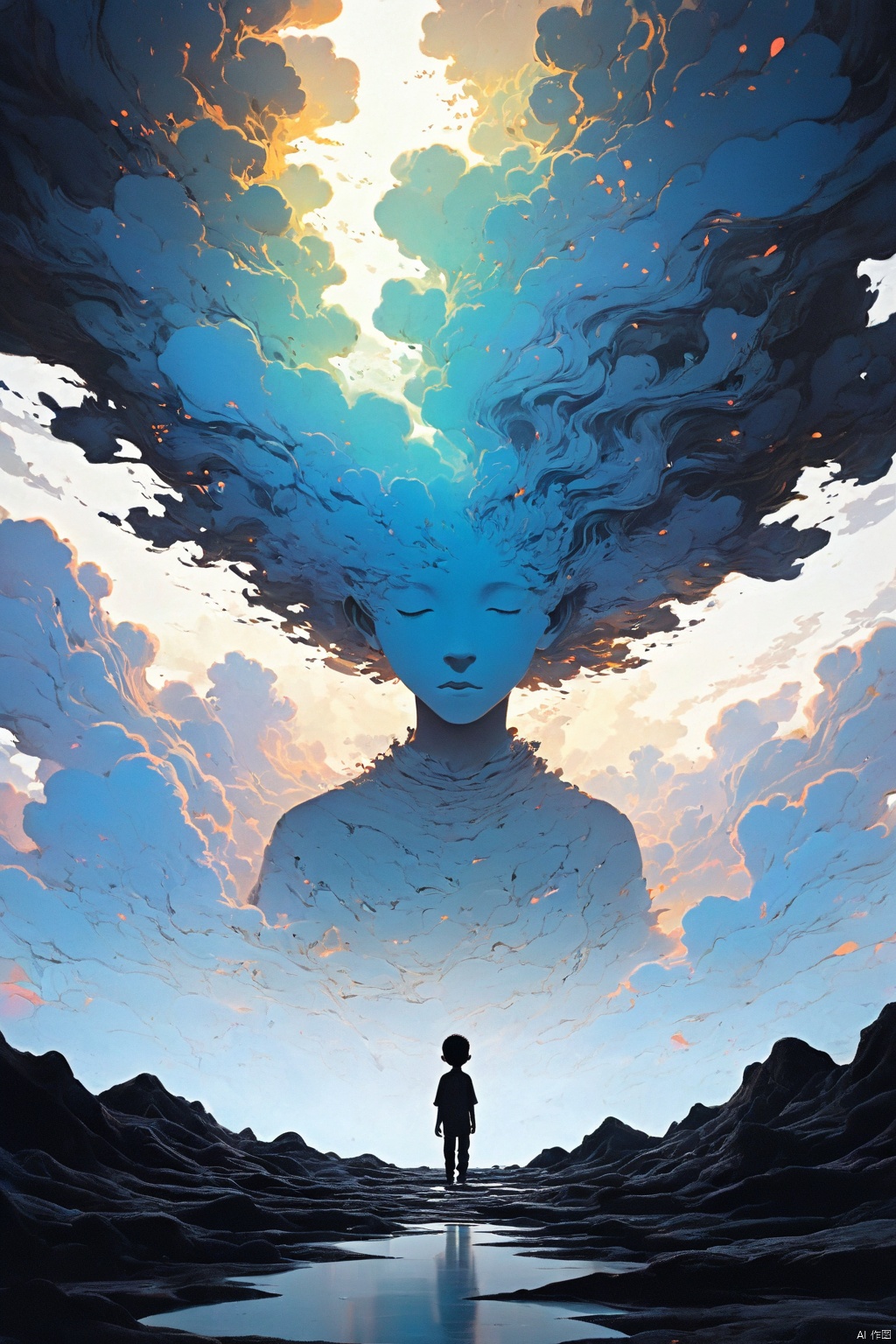 A boy silhouette with an aura of swirling colors, wandering on the edge of the abstract land of the dead,symbolizing the vastness and depth.white background, creating a surreal atmosphere, In his head is depicted as a surreal dreamscape filled with floating islands and ethereal creatures,with blowing patterns and dark hues. the colors are vibrant and fluid, capturing movement and energy in a dreamlike way, dark white color theme, digital art style, abstract art background, highly detailed.This artwork conveys a sense of wonder about life and death, longitudinal section,3d rendering 