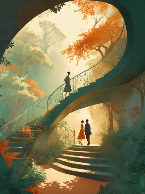 an illustration shows two spiral staircases leading to each other in profile with trees and leaves around them. a man is walking down,an a woman is walking up one staircase holding out her hand.walking in opposite directions,chance encounter, the color palette includes light green tones, orange highlights, and soft shadows. This scene has a dreamy atmosphere, capturing both natural beauty and emotional depth. It's a serene moment that evokes warmth and nostalgia,deep light portrayal,3d renering