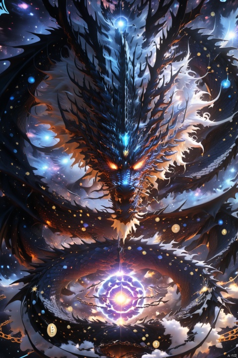  (close up:1.45),Dark ink version of Evil Dragon King, through black holes, illegal use of digital encryption technology, disrupt the digital realm of the universe and once, cross-chain information, digital currency, dark beam particles, (star vortex, star River, star ring :1.25), ultra HD, super detail, epic shock, visual art, surreal, BJ_Sacred_beast