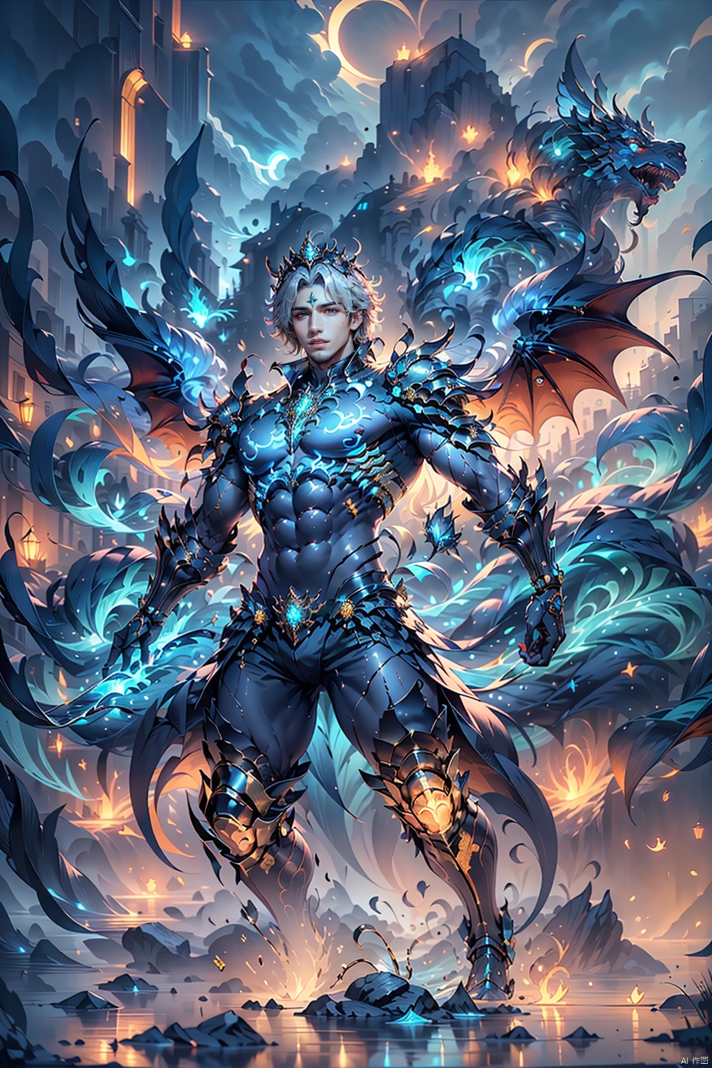  
 Masterpiece, high detail, 8k, full body,1boy,dragon,with strong muscles and sharp claws, covered with a metal like material on the surface of his body. His sharp teeth and eyes are very wide, and when unfolded, he presents a complex mechanical structure. His cool mechanical wings are adorned with some glowing halos, and his head is adorned with a crown inlaid with gemstones. The dazzling effect is highlighted in silver and blue tones, using bright green to highlight a sense of technology






, 3d stely, cloud