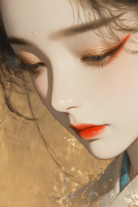 1 Girl, close-up, red lips, long eyelashes, , beautiful sad wallpaper style