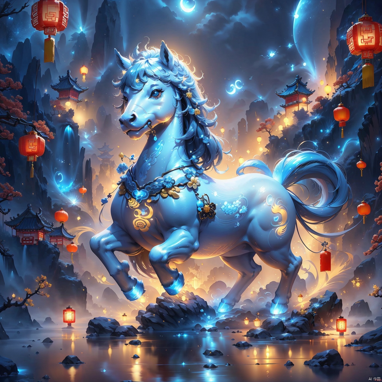  (Chinese fantasy Q version style :1.5), big eyes, small body, lovely (light painting concept design :1.1) White horse hanging gold lamp, wearing festive red cotton-padded jacket, dancing at night. The body of the little white horse emits a faint crystal light, supplemented by a warm lantern light. Small white horse walking through the night, giving people a festive and lively feeling, chubby and lovely Q version style, cute little god animal IP image, cute animal