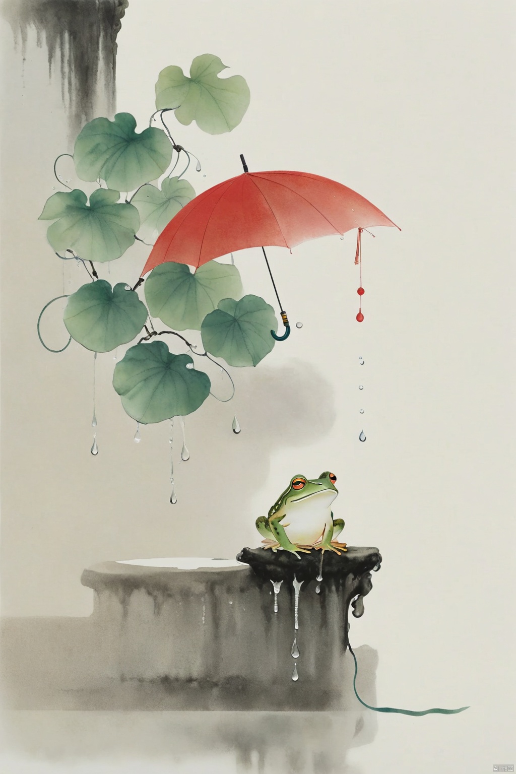  (A vine - a frog sitting leisurely on the vine with an umbrella), minimalist ink painting, raindrops