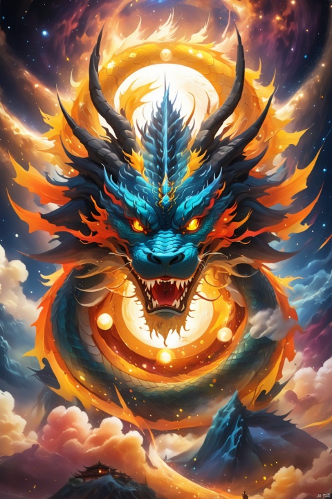 (Mysterious Halo: 1.56), (Crypto Dragon King - Five-clawing Dragon: 1.48), (Dragon horn, dragon body, dragon tail), (mysterious halo), (Star vortex, star river, star ring), travel in the universe, use digital crypto magic, guard the digital field, (cross-chain information: 1.24), (digital currency: 1.5), encryption algorithm, space-time light particles, (star vortex, star river, star ring), ultra HD, super detail, epic shock, visual art, surreal, mythological legend style, God beast